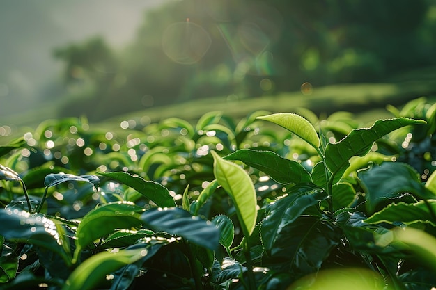 A field full of green leaves with the sun shining on them