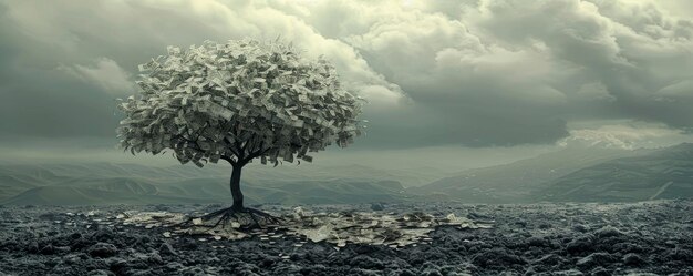 a field full of money and a tree with cloudy sky gray tone