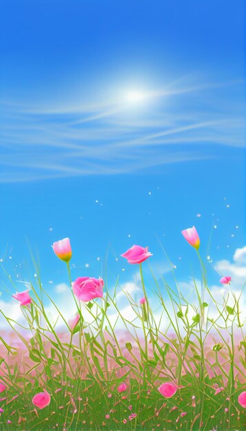 Field full of pink flowers under a blue sky generative ai