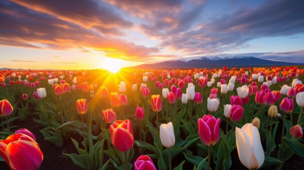 A Field Full of Pink and White Tulips at Sunset