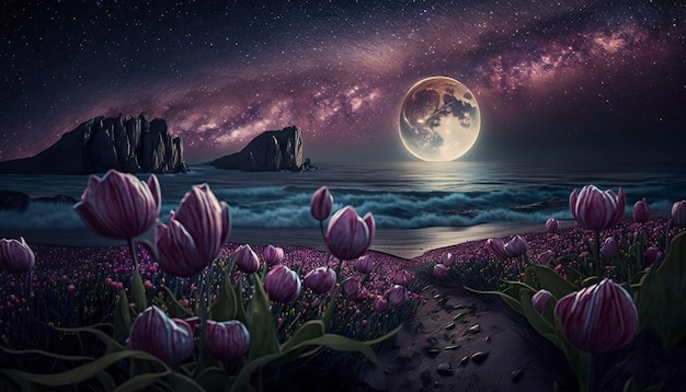 a field full of purple tulips landscape ai generated