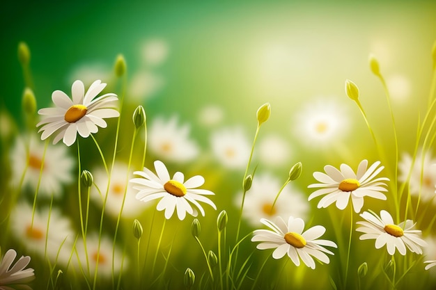 Field full of white daisies with green sky in the background Generative AI