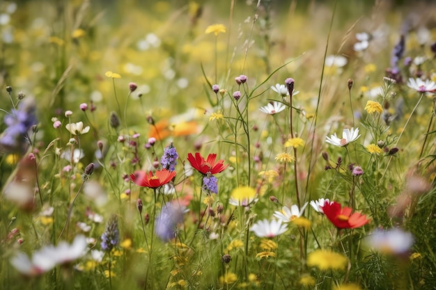 野草やその他の花が咲き乱れる野原生成AI