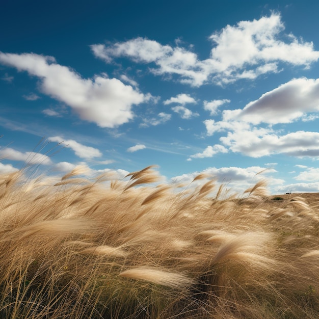 Field of golden grass blowing in the wind under a blue sky with white clouds