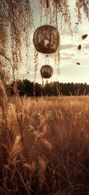 A field of golden grass with a circle with the word " the word " on it.