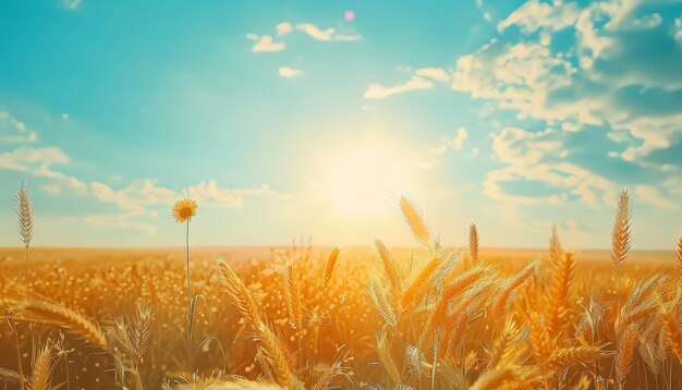 A field of golden wheat with a bright blue sky in the background