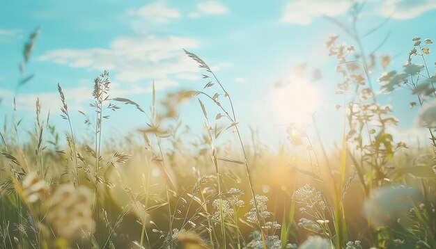 A field of golden wheat with a bright blue sky in the background