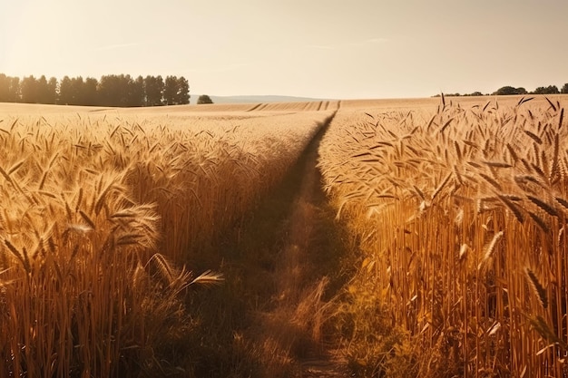 A field of golden wheat with a path leading to the horizon.