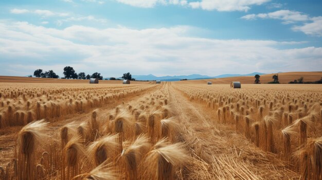 Photo field of golden wheat with round hay bales in distance