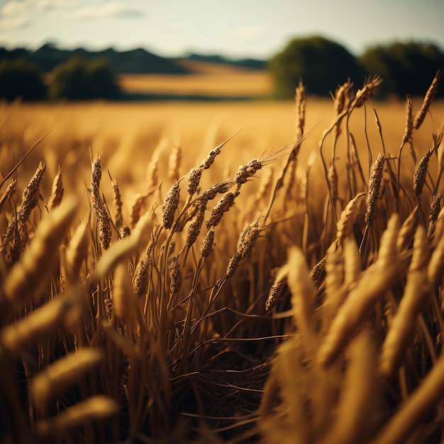 A field of golden wheat with a tree in the background.