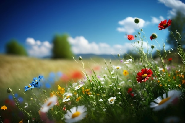 a field of grass and flowers under a blue sky