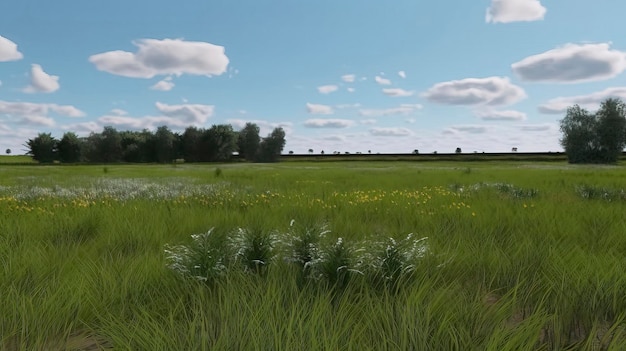 A field of grass and a train in the distance