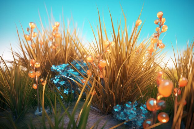 A field of grass with blue flowers.