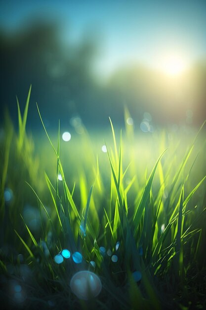 A field of grass with a blue sky in the background