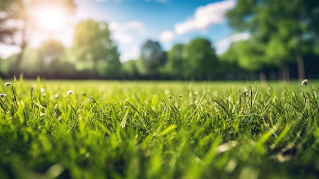 A field of grass with a blue sky in the background