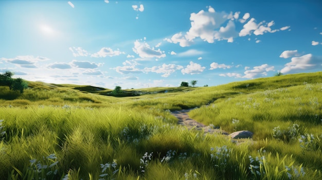 A field of grass with a blue sky and clouds