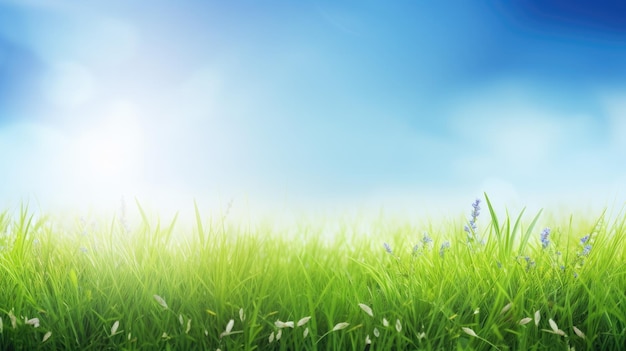 A field of grass with a blue sky and a sunburst in the background