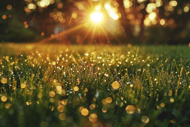 a field of grass with dew drops on it