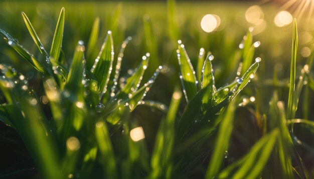 Photo a field of grass with dew drops on it