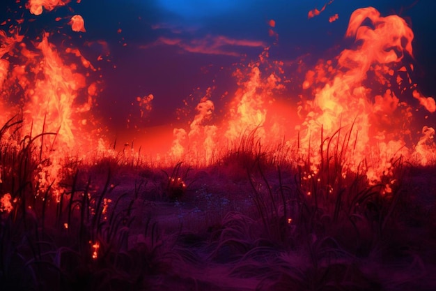 a field of grass with a fire in the background.