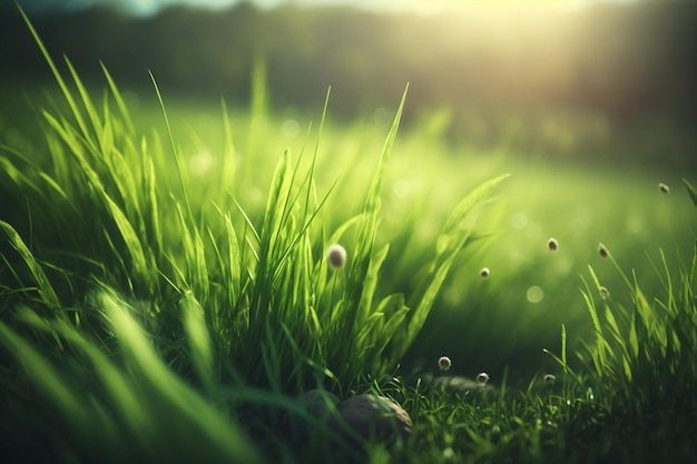 A field of grass with a green background and the sun shining on it.