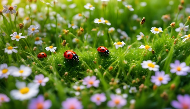 A field of grass with ladybugs and flowers