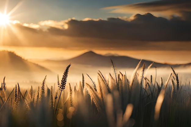 A field of grass with a mountain in the background