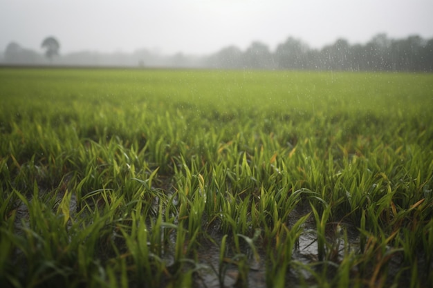 A field of grass with rain drops falling on it