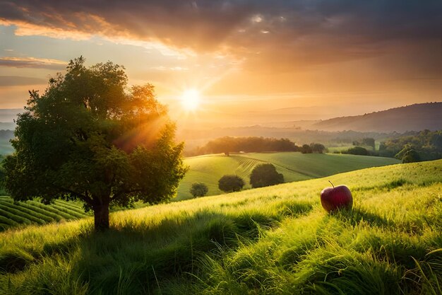 a field of grass with a red ball and a tree in the foreground