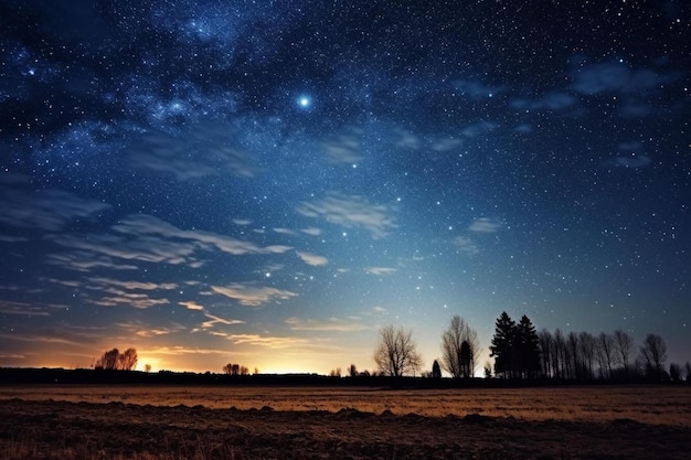 Photo a field of grass with a star filled sky and trees