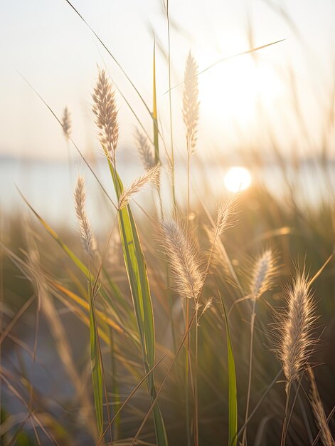 その後ろに太陽がある草の畑