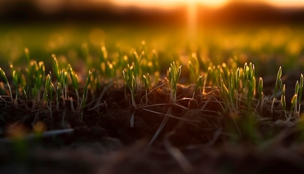 Foto un campo d'erba con il sole che tramonta dietro di esso