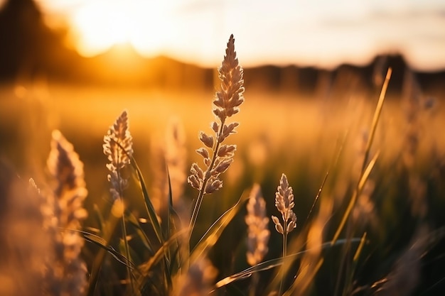 Field of grass with the sun setting behind it