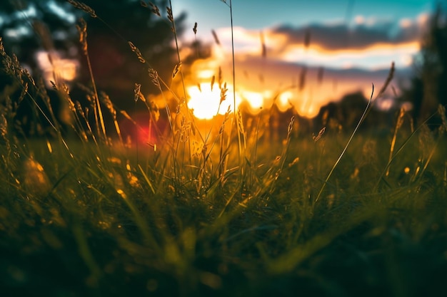 A field of grass with the sun setting behind it