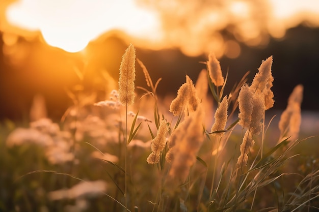 夕日を背にした芝生のフィールド