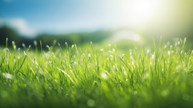 A field of grass with the sun shining in the background