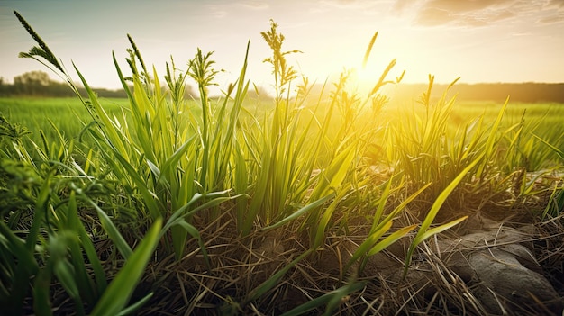 Photo a field of grass with the sun shining on it