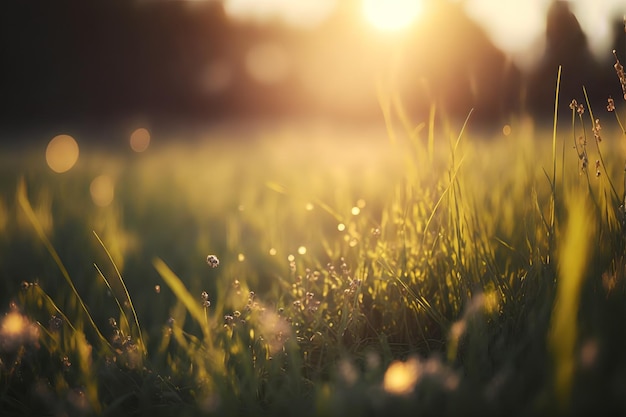 A field of grass with the sun shining on it