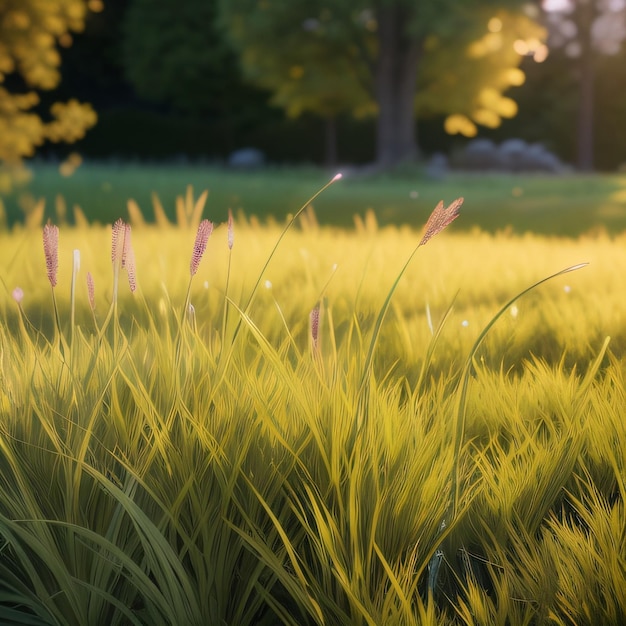 A field of grass with a sun shining on it