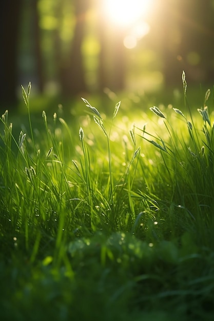 A field of grass with the sun shining on it