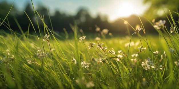 A field of grass with a sun shining on it