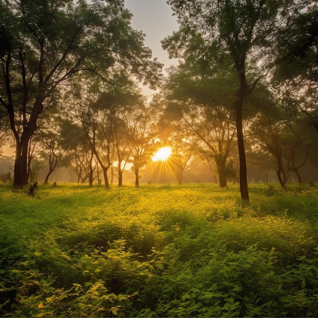 A field of grass with the sun shining through the trees