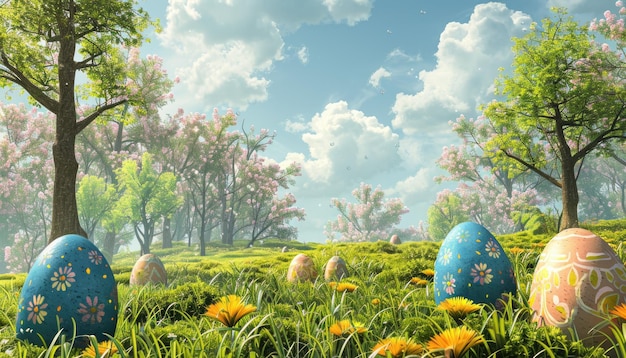 Поле травы с деревом на заднем плане и несколько яиц, разбросанных вокруг с помощью сгенерированного изображения
