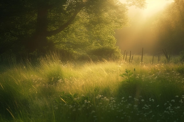 A field of grass with a tree in the background