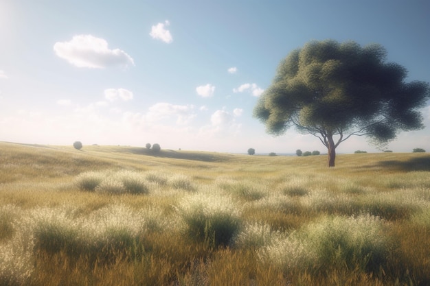 A field of grass with a tree in the foreground