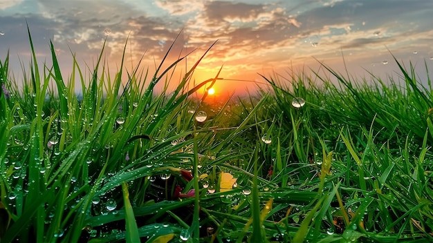 Photo a field of grass with water drops on it