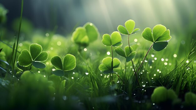 A field of green clovers or shamrocks with dew Horizontal background for Saint Patrics day