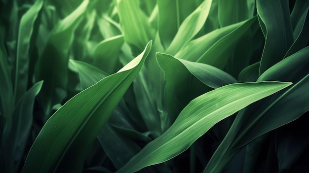 A field of green corn with a dark background