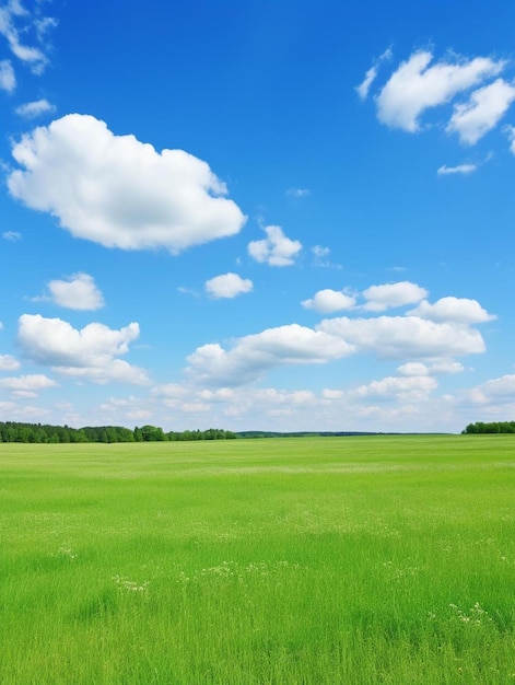 a field of green grass with a blue sky in the background