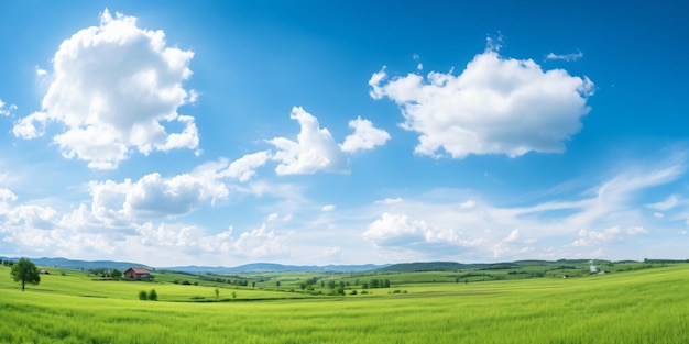 A field of green grass with a blue sky in the background